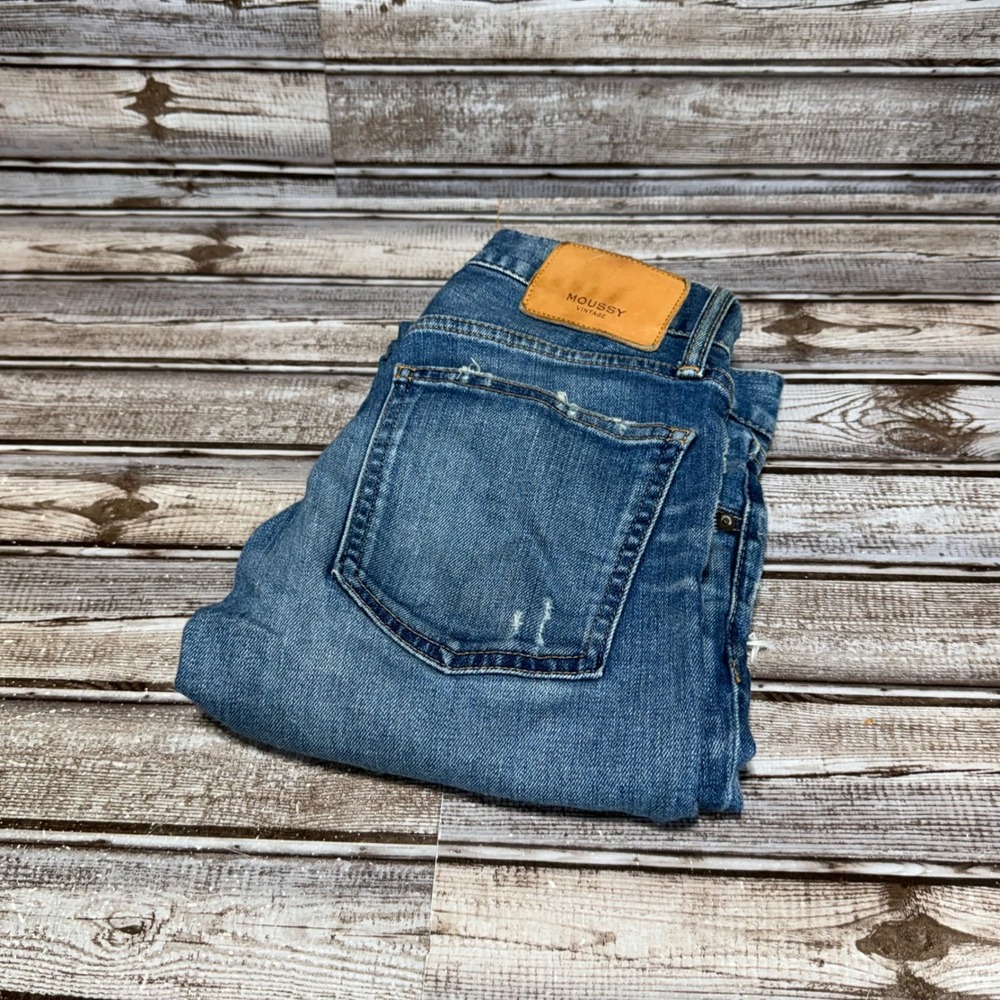 Moussy Vintage Skinny Jeans Womens 25 Blue Distressed Raw Hem High Rise Denim